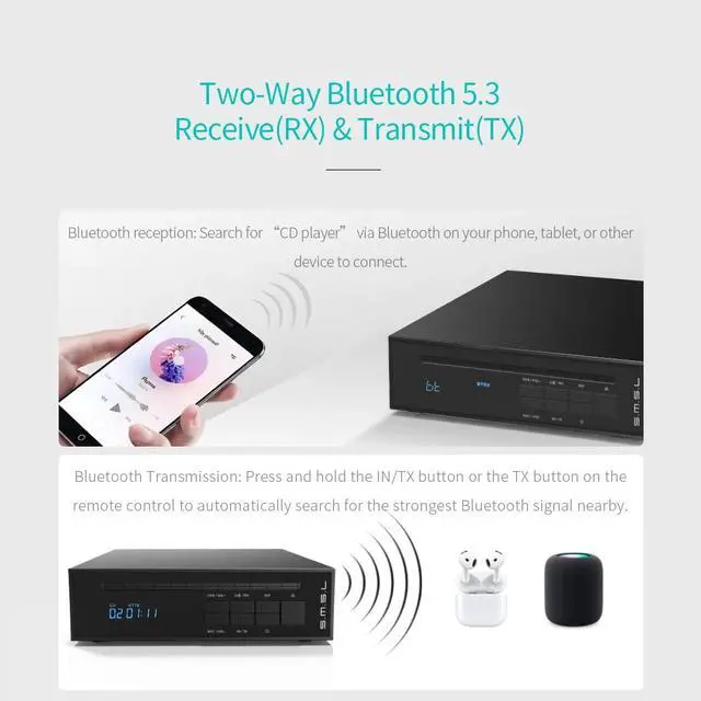 Alt view image 4 of 4 - SMSL PL20 HiFi CD Player for Home, CD Ripper, Bluetooth Car CD Players, 2*CS43131 Chip, USB Drive/Bluetooth Input RCA/BT/3.5mm/4.4mm Balanced/Optical/Coaxial Digital Output, Silver