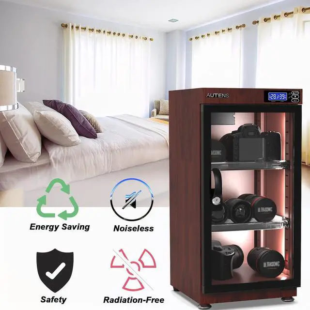 Alt view image 4 of 4 - 50L Dehumidifying Dry Cabinet Box, Wood grain Design Digital Control Noiseless and Energy Saving, for Camera Lens and Electronic Equipment Storage,Temperature Humidity LED Dual Screen