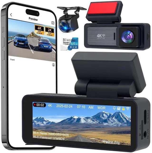 Main image of 4K Dash Cam, 4K+2K Dash Cam Front and Rear W/ 5GHz WiFi & APP Control 64GB Included, 3.2" IPS Screen Car Dash Cam W/ 24H Parking Monitor, G-Sensor Night Vision, Loop Recording