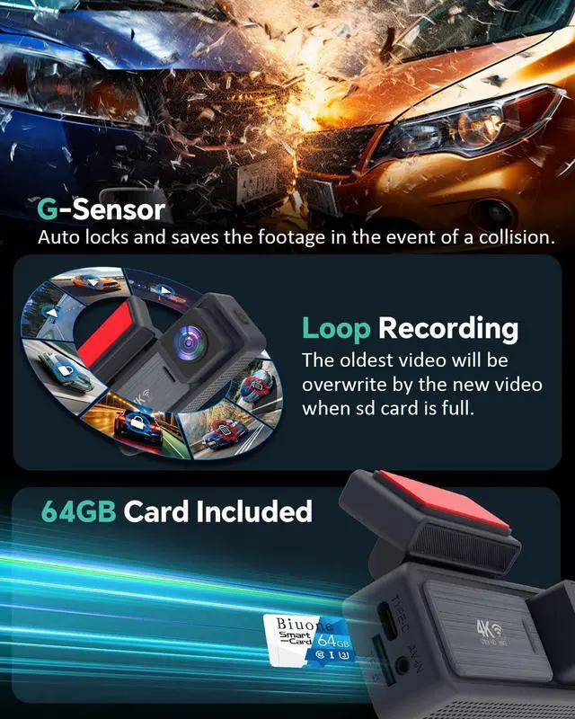 Alt view image 4 of 4 - 4K Dash Cam, 4K+2K Dash Cam Front and Rear W/ 5GHz WiFi & APP Control 64GB Included, 3.2" IPS Screen Car Dash Cam W/ 24H Parking Monitor, G-Sensor Night Vision, Loop Recording