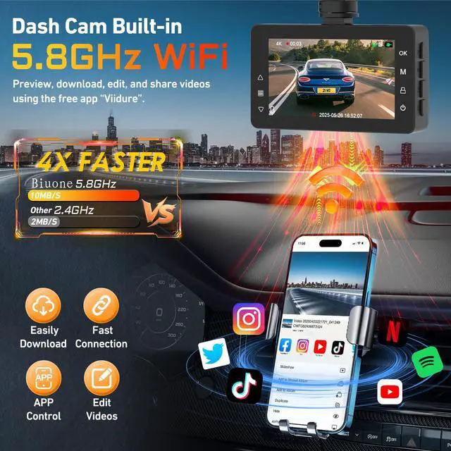 Alt view image 2 of 4 - 4K Dash Cam Front with AI(ADAS), Dash Camera for Cars Built-in 5.8G WiFi GPS, 3.2" IPS Screen Dash Cam with 24H Parking Monitor, G-Sensor,Night Vision,Loop Recording