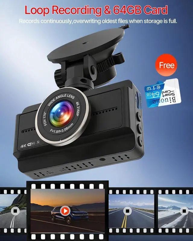 Alt view image 2 of 4 - Dash Cam Front and Rear, 4K Full HD Dual Dash Camera for Cars W/ 64GB Card Included, Built-in 5G WiFi, Car Camera Dashcams for Cars with Night Vision, Parking Monitor, WDR, Emergency Lock