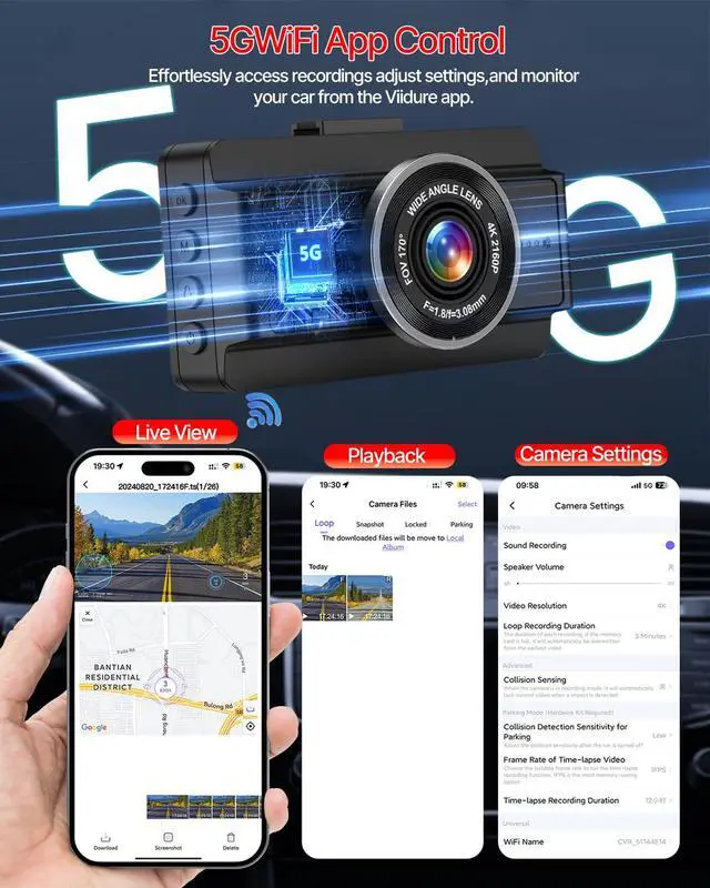 Alt view image 3 of 4 - Dash Cam Front and Rear, 4K Full HD Dual Dash Camera for Cars W/ 64GB Card Included, Built-in 5G WiFi, Car Camera Dashcams for Cars with Night Vision, Parking Monitor, WDR, Emergency Lock