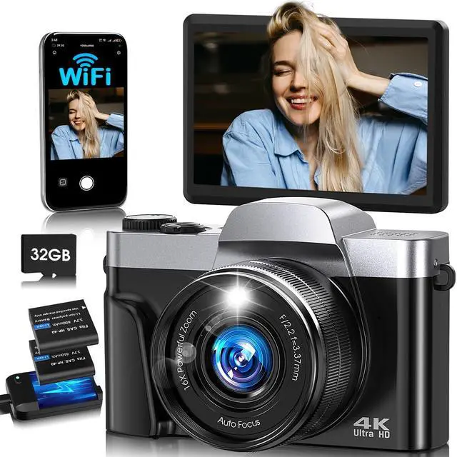 Main image of 4K Digital Camera for Photography with WiFi,64MP Autofocus Vlogging Camera for YouTube,3'' 180° Flip Screen Compact Travel Camera for Teens with 32GB SD Card,16X Zoom,Anti-Shake,2 Batteries(Black)