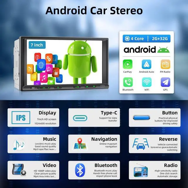 Alt view image 3 of 4 - Double Din Car Stereo Radio Wireless CarPlay Wireless Android Auto, 7in Touchscreen Car Audio Receiver with Bluetooth,Rearview Camera,AM/FM, GPS Navigation,Mirror Link,Subwoofer,USB/AUX/SWC