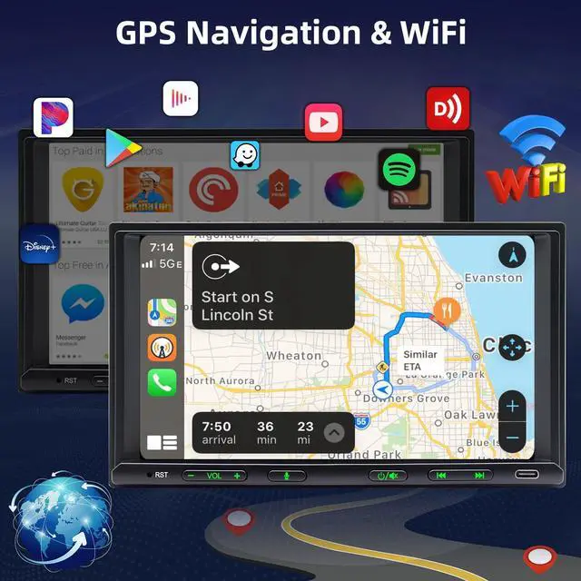 Alt view image 4 of 4 - Double Din Car Stereo Radio Wireless CarPlay Wireless Android Auto, 7in Touchscreen Car Audio Receiver with Bluetooth,Rearview Camera,AM/FM, GPS Navigation,Mirror Link,Subwoofer,USB/AUX/SWC