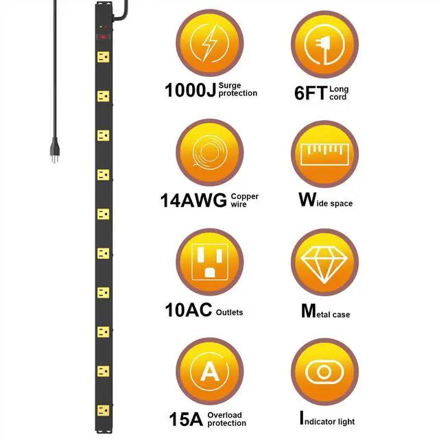 Alt view image 2 of 4 - 10 Outlet Surge Protector, Long Metal Wide Spaced Garage Industrial Power Strip, Heavy Duty with 6 FT Cord, 15A, 125V, 1875W, 2700 Joules, 2Pack, SGS Listed
