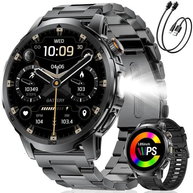 Main image of Military Smart Watch for Men Answer/Make Call, 1.85'' HD Rugged Smartwatch with 1000mAh Battery/Flashlight/Heart Rate/110+ Sports Mode, IP68 Waterproof Fitness Tracker Watch for Android iPhone
