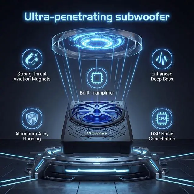 Alt view image 2 of 4 - 10" 1200W Car Subwooferr - Underseat Subwoofer with Built - in Amplifier, Aluminum Enclosure, High/Low Level Inputs, Blue LED Light and Wired Remote for Truck, SUV, car, Jeep and MPV