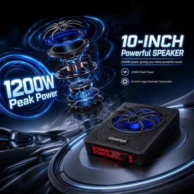 Alt view image 3 of 4 - 10" 1200W Car Subwooferr - Underseat Subwoofer with Built - in Amplifier, Aluminum Enclosure, High/Low Level Inputs, Blue LED Light and Wired Remote for Truck, SUV, car, Jeep and MPV