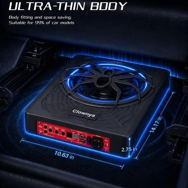 Alt view image 4 of 4 - 10" 1200W Car Subwooferr - Underseat Subwoofer with Built - in Amplifier, Aluminum Enclosure, High/Low Level Inputs, Blue LED Light and Wired Remote for Truck, SUV, car, Jeep and MPV