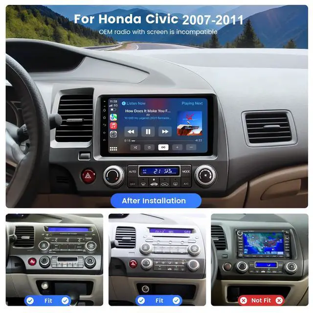 Alt view image 2 of 4 - 9" Car Stereo for Honda Civic 2007-2011, with AHD Reverse Camera, IPS Touch Screen Radio Receiver with Apple Carplay & Android Auto, Bluetooth 5.0, DSP, MP3, Mirror Link, AM/FM & A/V Support
