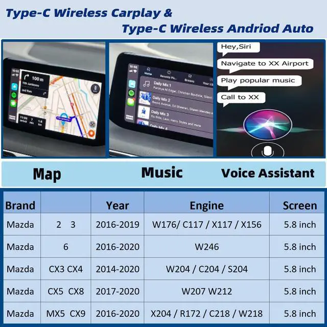 Alt view image 4 of 4 - Type-C Wireless Mazda Apple Carplay and Android Auto Retrofit Kit Compatible with Mazda 2/3/6/CX3/CX5/CX9/MX5 2015-2020, TK78-66-9U0C Adapter (Only Support Wireless Carplay NO Android Auto)