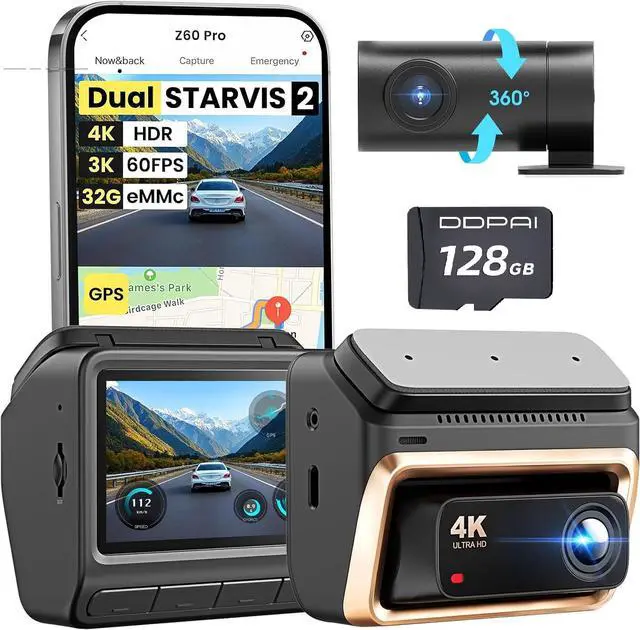 Main image of 4K Dual Dash Cam Front and Rear, Dual STARVIS 2 IMX678 IMX662 Dashcam, Free 128G Card Included,Car Camera with 32G eMMC, 3K/60FPS, 5G WiFi GPS, 3" IPS, Night Vision, 24H Parking Mode, Z60 Pro