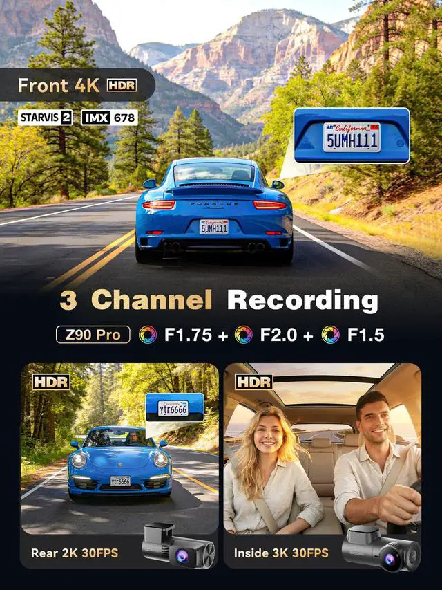 Alt view image 2 of 4 - 3 Channel 4K HDR Dash Cam, STARVIS 2 IMX678, Dashcam for Cars with 128G eMMC, Front Inside and Rear Triple Car Camera with GPS, 3" IPS,ADAS,24H Parking Mode,Support 512GB,Z90 Pro 3CH