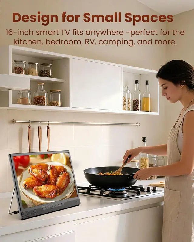 Alt view image 2 of 4 - 16 Inch Small Smart TV, LCD Small Kitchen TV with WiFi, Bulit-in 180°Adjustable Stand/ATSC Tuner/HDMI/AV/USB for Camping, Bedroom, RV, Patio, Indoor & Outdoor Use