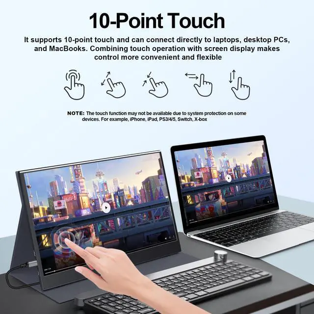 Alt view image 3 of 4 - Portable Touch Monitor, 15.6-inch 10-Point Capacitive Touch, FHD 1080P Resolution, IPS Screen, Metal Casing, Compatible with PC/Laptop/Mac/Mobile Devices/PS4/PS5/Xbox/Switch