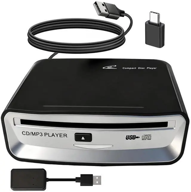 Main image of Portable CD Player for Car, External USB Compact Disc Drive for Vehicles Without Built-in Audio, Advanced Anti-Skip & Resume Playback, Dual Connection for Road Trips, Black