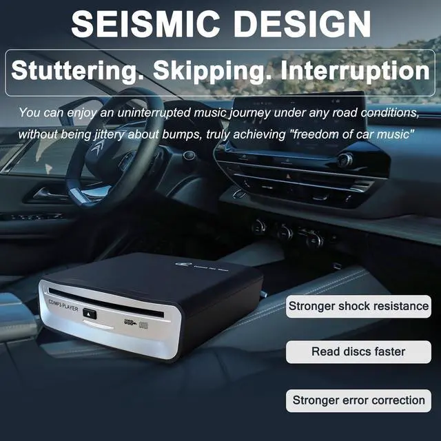 Alt view image 2 of 4 - Portable CD Player for Car, External USB Compact Disc Drive for Vehicles Without Built-in Audio, Advanced Anti-Skip & Resume Playback, Dual Connection for Road Trips, Black