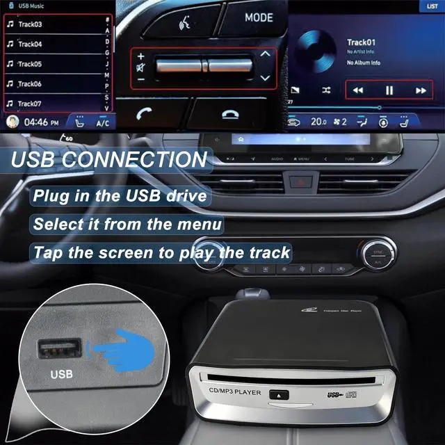Alt view image 4 of 4 - Portable CD Player for Car, External USB Compact Disc Drive for Vehicles Without Built-in Audio, Advanced Anti-Skip & Resume Playback, Dual Connection for Road Trips, Black