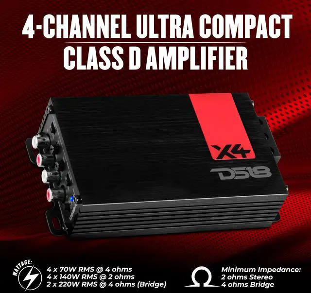 Alt view image 2 of 4 - X4 Amplifier 4-Channel Ultra Compact Class D 4 x 70 Watts RMS @ 4-ohm, Stereo Full Range, Car Audio Amplifier, Great Compact Amp for Motorcycle, Powersports