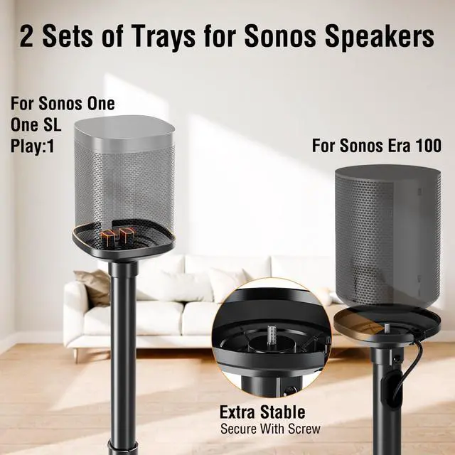 Alt view image 2 of 4 - Speaker Stands for Sonos Era 100 and Sonos One, One SL, Play:1, Height Adjustable 35"- 43.4" Speaker Stands Pair, Surround Sound Speaker Stand with Cable Management, 11 LBS Loading
