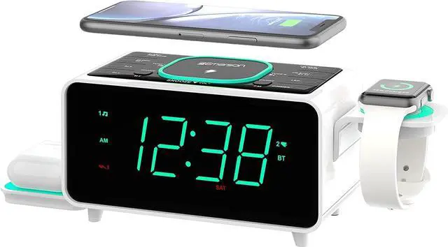 Main image of Smartset Dual Alarm Clock FM Radio with Wireless Charging, Bluetooth Speaker, Ultra Fast Charging for Airpods/iPhone, Foldable Stand, USB Charger, Adjustable LED Glow, ER100501