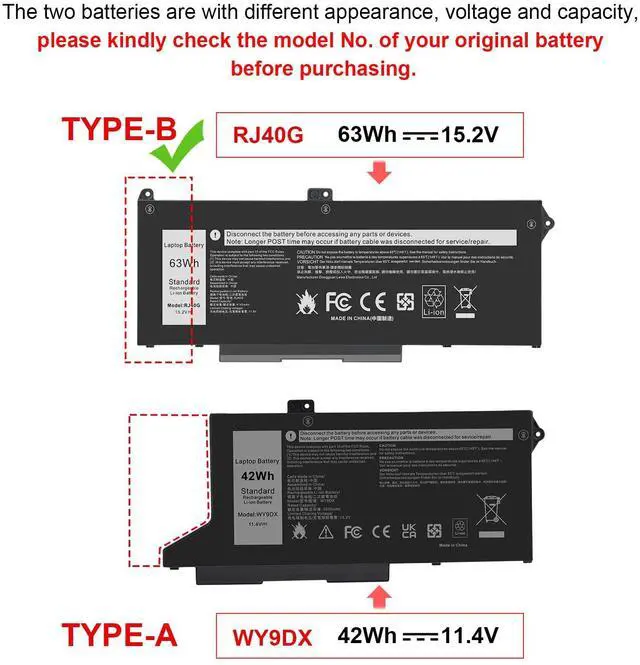 Alt view image 2 of 4 - RJ40G 005R42 0WK3F1 0M3KCN M033W 01K2CF Laptop Battery Replacement for Dell Latitude 15 5520 Latitude 14 5420 Precision 15 3560 Series 075X16 WY9DX P137G P137G001 P104F P104F001