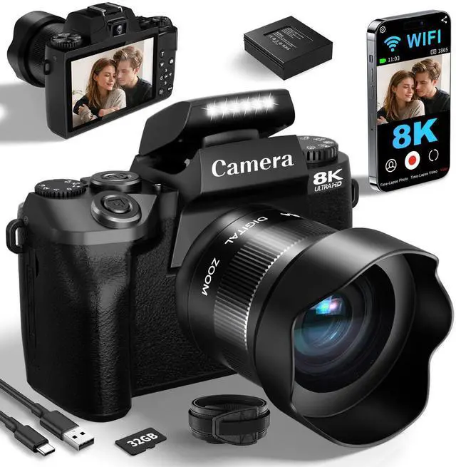 Main image of 8K Digital Cameras for Photography, WiFi 64MP Vlogging Camera for YouTube, 4" Touch Screen Digital Camera with Dual Lens, Auto Focus, 16X Digital Zoom, 3000mAh Battery, 32GB Card, Black