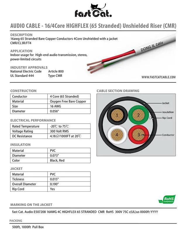 Alt view image 2 of 4 - Speaker Wire 16 Guage 4C, UL Listed & CMR/CL3R-FT4 Rated - Speaker Cable w/PVC Jacket, 100% Oxygen-Free Pure Bare Copper - (65) HighFlex 16 Guage Wire - in-Wall Use-500ft Bulk Cable, Purple