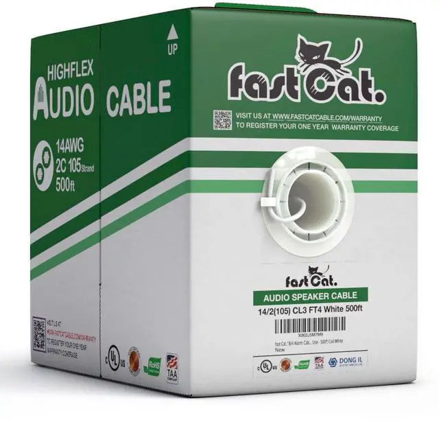 Main image of Speaker Wire 14 Guage 2C, UL Listed & CMR/CL3R-FT4 Rated - Speaker Cable w/PVC Jacket, 100% Oxygen-Free Pure Bare Copper - (105) HighFlex 14 Guage Wire - in-Wall Use-500ft Bulk Cable, White