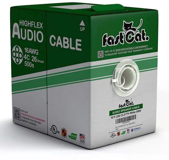 Main image of Audio Cable/Speaker Wire 500ft Pull Box- PVC Jacket - UL Listed & (CMR-CL3R-FT4) Rated in-Wall Use - 100% Oxygen-Free Pure Bare Copper (OFC) - (16AWG 4C (26) MidFlex, White)