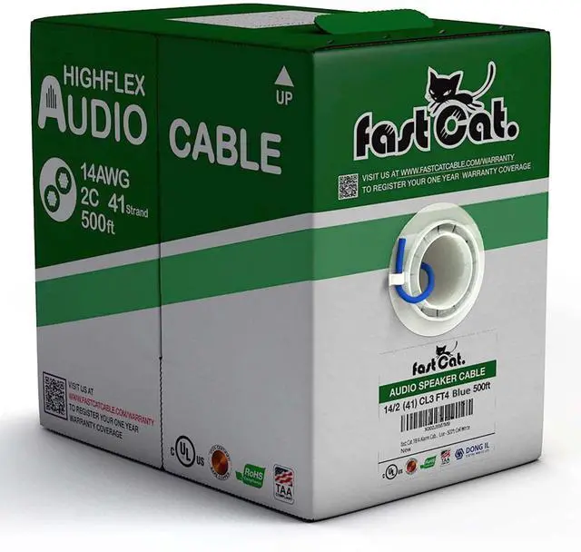 Main image of Speaker Wire 14 Guage 2C, UL Listed & CMR/CL3R-FT4 Rated - Speaker Cable w/PVC Jacket, 100% Oxygen-Free Pure Bare Copper - (41) HighFlex 14 Guage Wire - in-Wall Use-500ft Bulk Cable, Blue