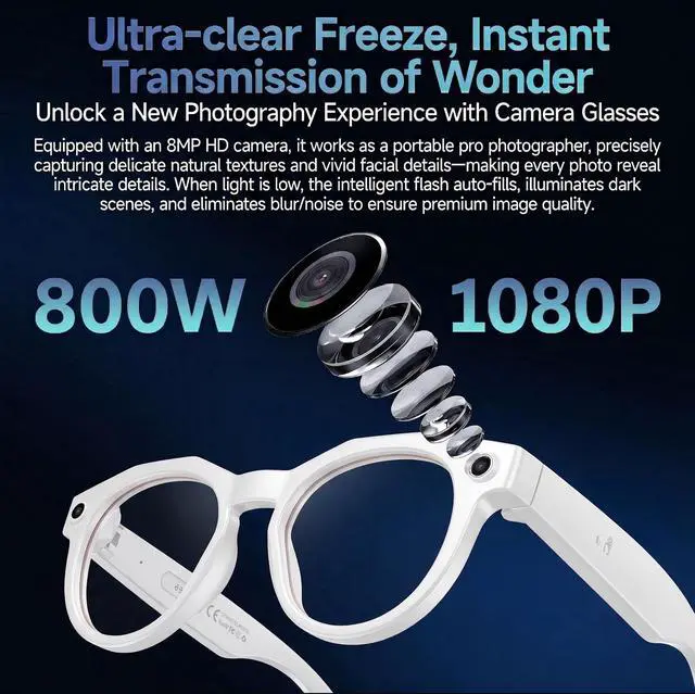 Alt view image 2 of 4 - AI Smart Camera Glasses, 1080P HD POV Video Recording and Translator, Object Recognition, Bluetooth Audio for Music Calls, 290mAh Battery, Photochromic Lenses for Vlog, Travel and Work
