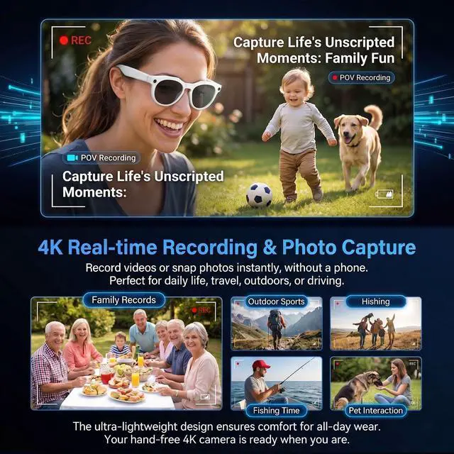 Alt view image 4 of 4 - AI Smart Camera Glasses, 1080P HD POV Video Recording and Translator, Object Recognition, Bluetooth Audio for Music Calls, 290mAh Battery, Photochromic Lenses for Vlog, Travel and Work