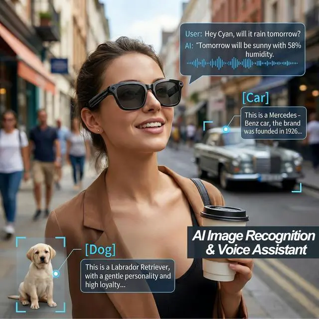 Alt view image 4 of 4 - AI Smart Camera Glasses, 1080P HD POV Video Recording and Translator, Object Recognition, Bluetooth Audio for Music Calls, 290mAh Battery, Photochromic Lenses for Vlog, Travel and Work