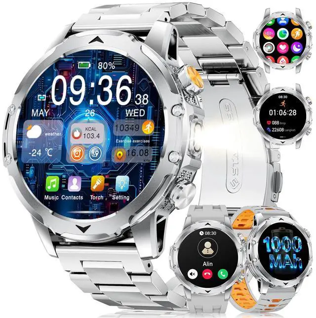 Main image of Military Smart Watches for Men with Answer/Make Call, 1.53 HD Smart Watch with 1000 mAh Battery/LED Torch/120+Sports/Waterproof IP68, Watch for Men Compatible with Android/iOS(Silver)