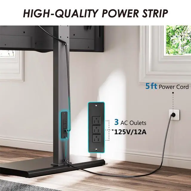 Alt view image 2 of 4 - Iron Base Floor TV Stand with Power Strip, Tall TV Stand with Swivel Mount for 50-85 Inch Plasma Flat Panel or Curved Screen TVs Height Adjustable Wire Management(White,with Power Outlet)