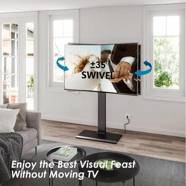Alt view image 4 of 4 - Iron Base Floor TV Stand with Power Strip, Tall TV Stand with Swivel Mount for 50-85 Inch Plasma Flat Panel or Curved Screen TVs Height Adjustable Wire Management(White,with Power Outlet)