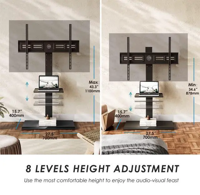 Alt view image 4 of 4 - Floor TV Stand Iron Base with Swivel Mount for 50-85 Inch Large LCD/LED TVs Adjustable Shelf Tall Corner TV Stands for Bedroom and Living Room Hold Up to 110 lbs Black