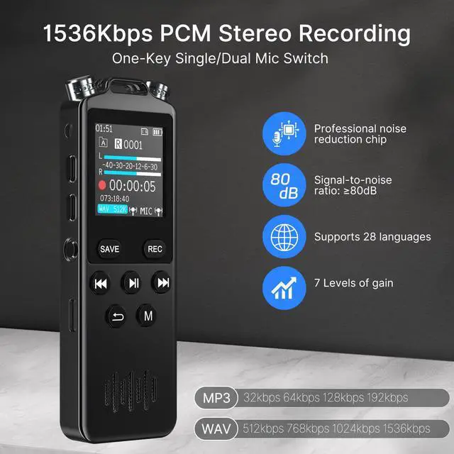 Alt view image 2 of 4 - 160GB Digital Voice Recorder with Playback,1536Kbps HD Stereo Audio Recorder Device for Musicians, Podcasters, Filmmakers & Content Creators,Voice Activated Recorder with Dual Microphones,Rechargeable