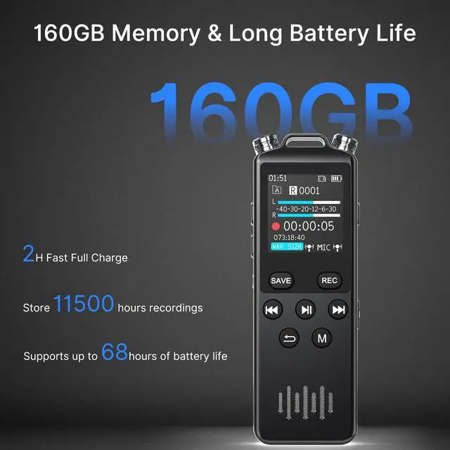 Alt view image 3 of 4 - 160GB Digital Voice Recorder with Playback,1536Kbps HD Stereo Audio Recorder Device for Musicians, Podcasters, Filmmakers & Content Creators,Voice Activated Recorder with Dual Microphones,Rechargeable