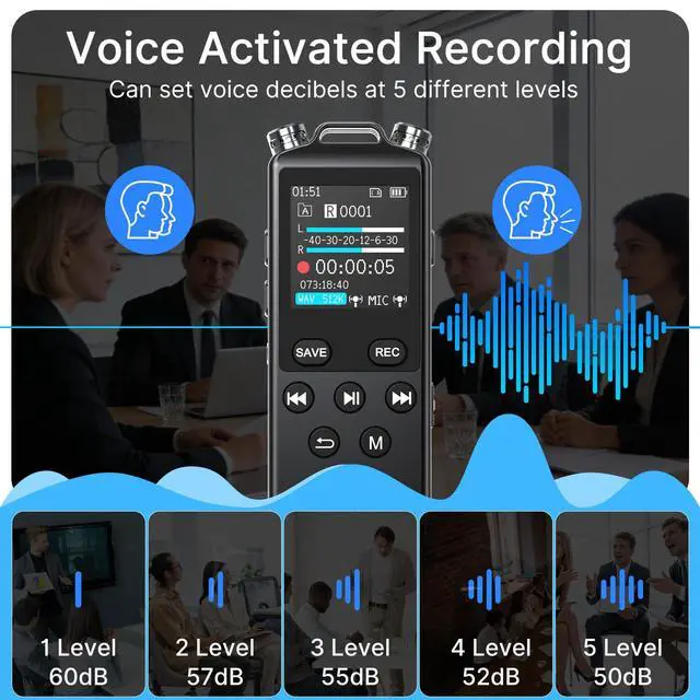 Alt view image 4 of 4 - 160GB Digital Voice Recorder with Playback,1536Kbps HD Stereo Audio Recorder Device for Musicians, Podcasters, Filmmakers & Content Creators,Voice Activated Recorder with Dual Microphones,Rechargeable