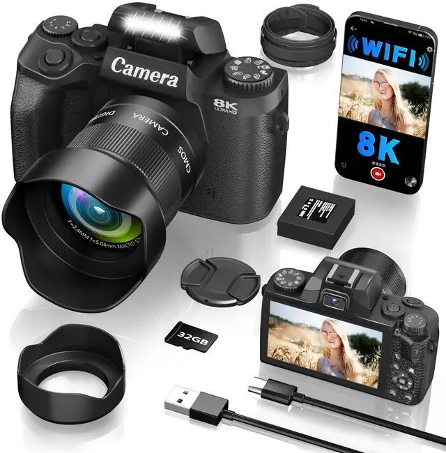 Main image of 8K Digital Camera, 64MP WiFi Cameras for Photography with 4" Touchscreen, Vlogging Camera for YouTube with 16X Zoom Autofocus Dual Lens, 3000mAh Battery, 32GB Card & Lens Hood (Black)