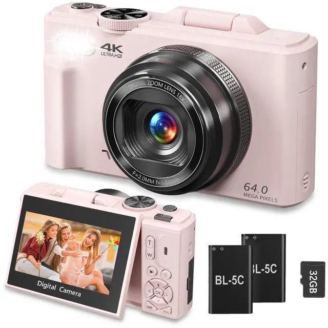 Main image of 4K Digital Camera for Photography, 64MP Vlogging Camera for YouTube, WiFi Vlog Cameras with 18X Digital Zoom, 3'' Flip Screen and 32GB TF Card, Pink