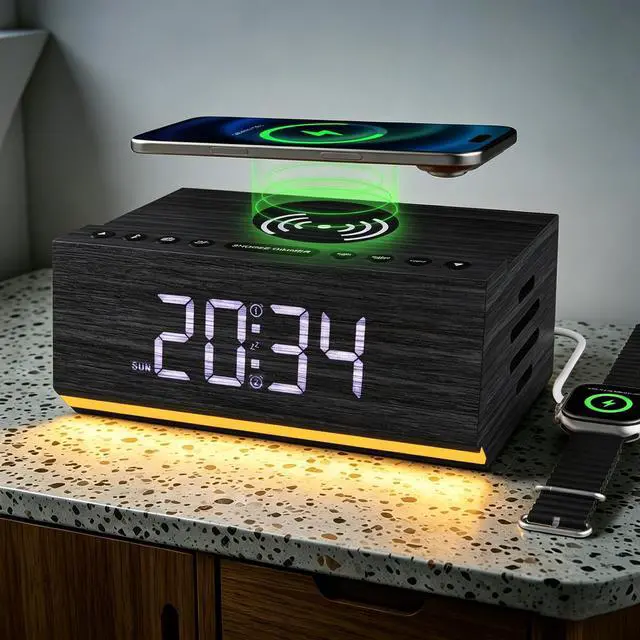Main image of Hoifen Wooden Digital Alarm Clock with Wireless Charging, Bluetooth Speaker & FM Radio, Dual Alarms, Night Light, Dimmable Display, USB Port, 9-Min Snooze Bedside Clock Home Decor Gift (Black)