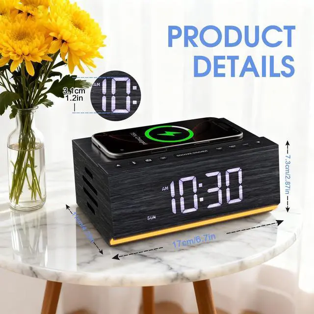 Alt view image 2 of 4 - Hoifen Wooden Digital Alarm Clock with Wireless Charging, Bluetooth Speaker & FM Radio, Dual Alarms, Night Light, Dimmable Display, USB Port, 9-Min Snooze Bedside Clock Home Decor Gift (Black)