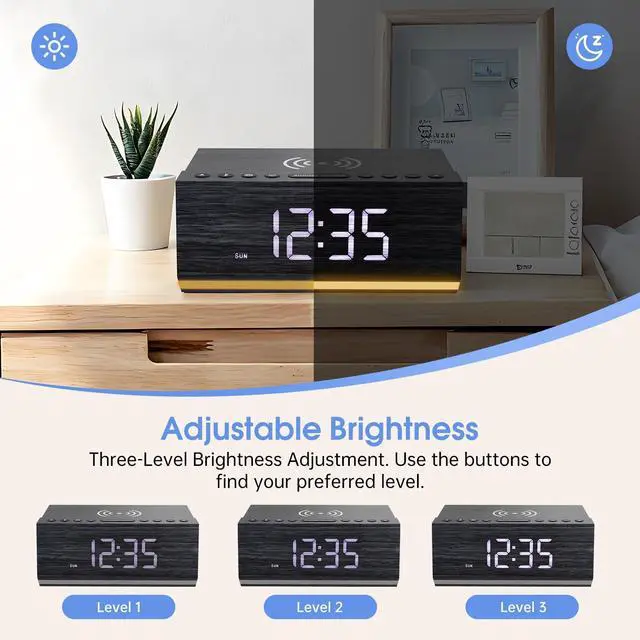 Alt view image 4 of 4 - Hoifen Wooden Digital Alarm Clock with Wireless Charging, Bluetooth Speaker & FM Radio, Dual Alarms, Night Light, Dimmable Display, USB Port, 9-Min Snooze Bedside Clock Home Decor Gift (Black)