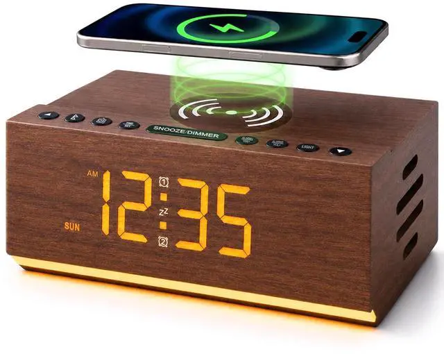 Main image of Hoifen Wooden Digital Alarm Clock with Bluetooth Speaker, Wireless Charging, FM Radio, Night Light, Auto Time Sync, Dual Alarms, USB Port, 9-Min Snooze for Bedroom, Desk, Bedside Clock Home Decor Gift