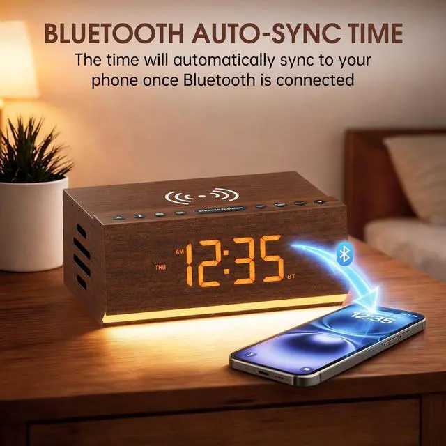 Alt view image 3 of 4 - Hoifen Wooden Digital Alarm Clock with Bluetooth Speaker, Wireless Charging, FM Radio, Night Light, Auto Time Sync, Dual Alarms, USB Port, 9-Min Snooze for Bedroom, Desk, Bedside Clock Home Decor Gift